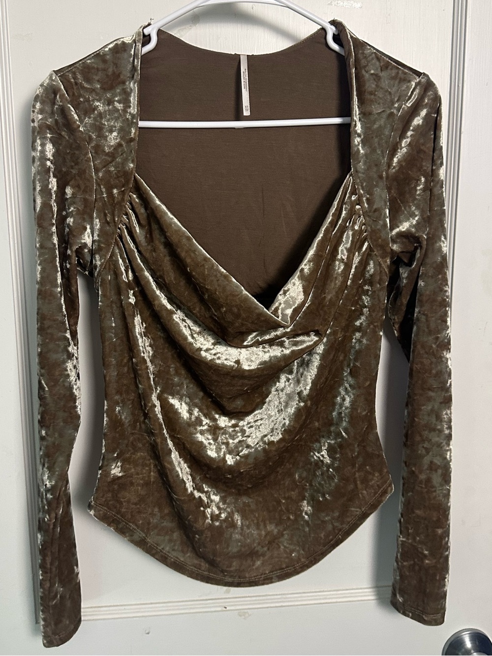 Free People Crushed Velvet Cowl Neck Long Sleeve Top XS Gold Bronze